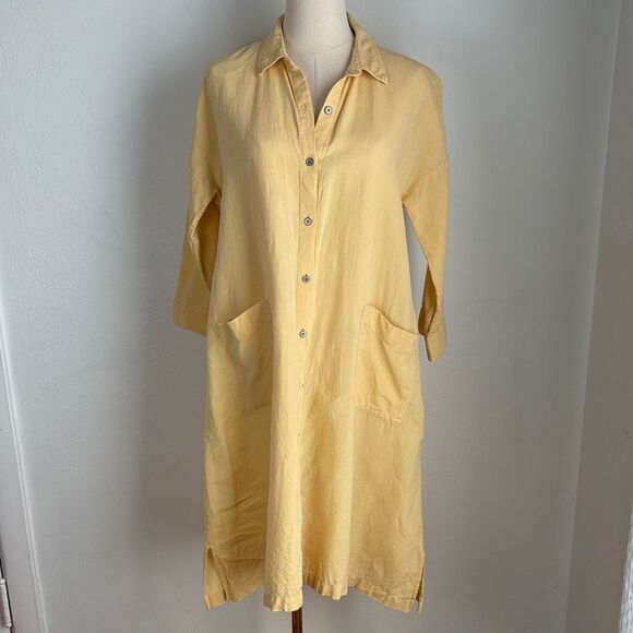 Pure Jill Linen Patch-pocket Shirtdress Size S Petite Yellow Button-Up Layering - Picture 1 of 12
